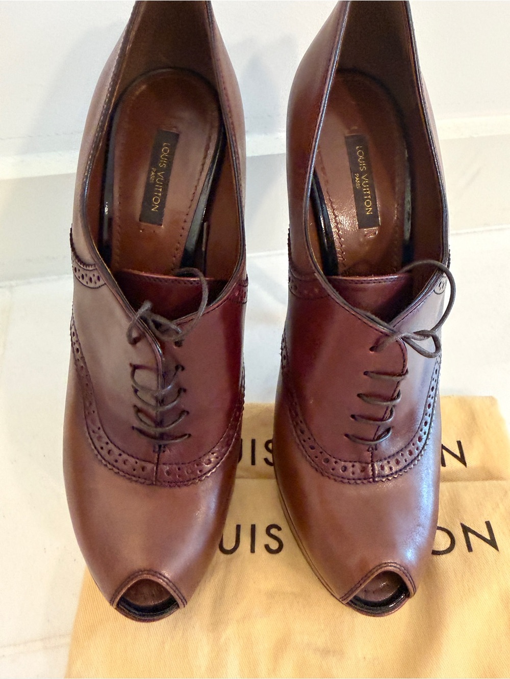 Louis Vuitton Brown Leather Peep-Toe Lace-Up Pumps - Picture 11 of 11